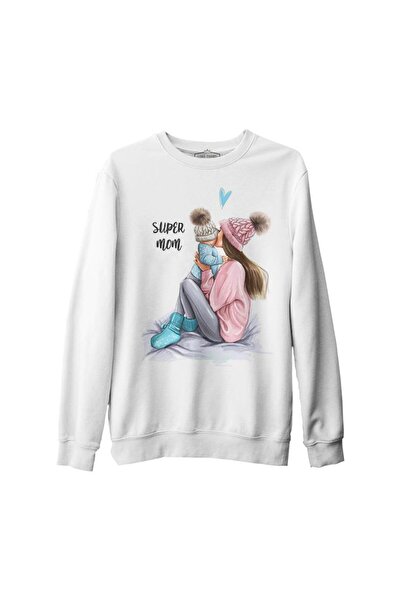 Lord T-Shirt Super Mom Anneler Günü Beyaz Unisex Kalın Sweatshirt