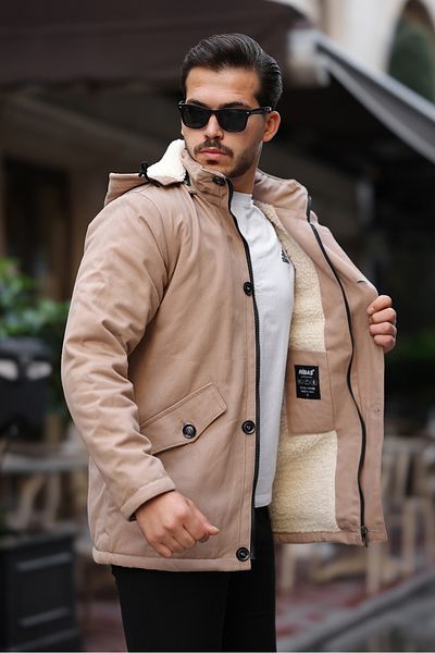Bossago Cold-Proof Light Brown Men's Coat with Fur Inside Parka