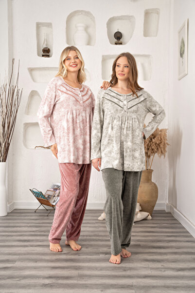 CT MODA Women's Dried Rose Patterned Thick Winter Plus Size (Oversize) Long Sleeve Pajama Set