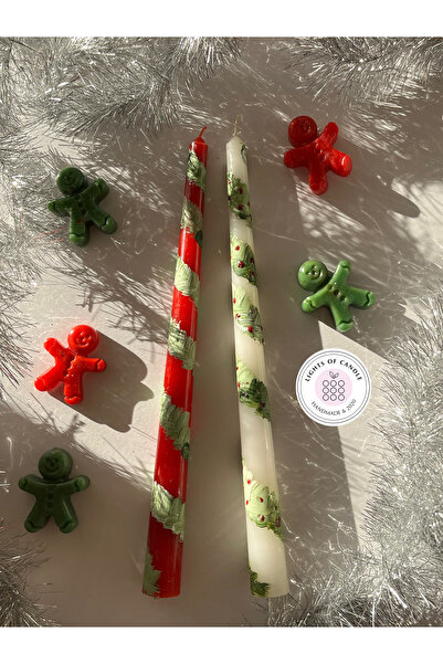Lights Of Candle Yeniyıl- Yılbaşı Kırmızı ve Beyaz Ağaç Yaprak Desenli 2’li Şamdan Mum
