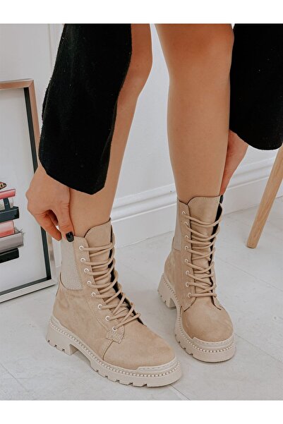 ERVANIN BUTİĞİ Bej Süet (leroy) Lastik Detay Kadın Bağcıklı Postal