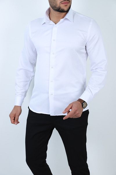 ZENGOLL & RAMİRES White Slim Fit Men's Shirt - Solid Hard Collar, Long Sleeve