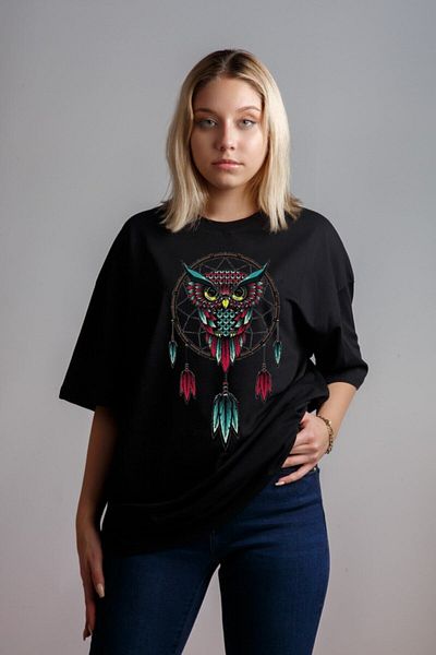 Relax family xf Tricou negru oversize cu imprimeu bufniță
