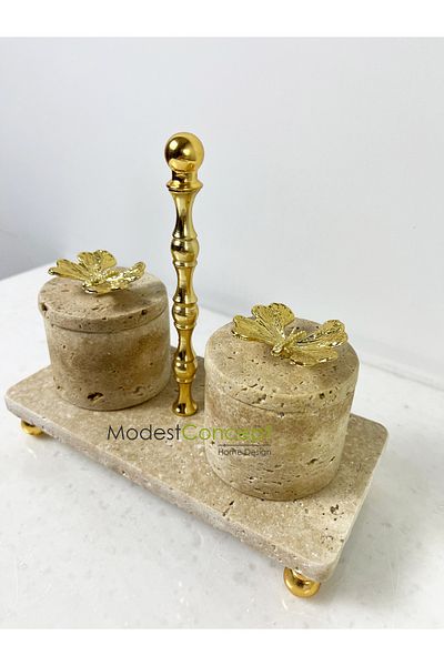 Modestmar Travertine Marble 3-Piece Spice Jar Set with Gold Butterfly Lid