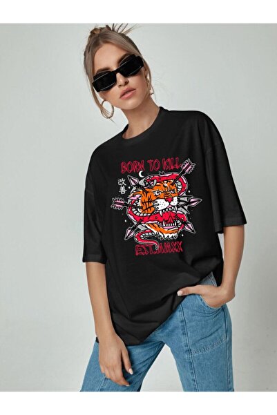 Relax family xf Ženski crni lav Štampano Oversize kroj T-shirt