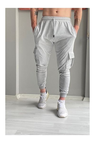 Relax family xf Ανδρικό γκρι Slim Fit Jogger Sweatpants - Cargo Pocket, Χτενισμένο βαμβακερό καλοκαίρι