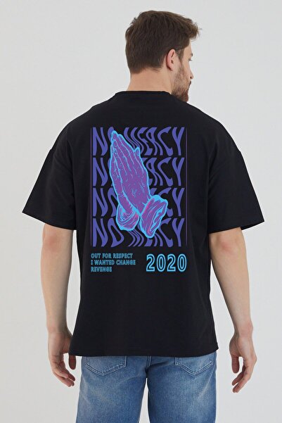 Relax family xf تي شيرت أسود كبير الحجم للجنسين - طباعة خلفية بدون رحمة