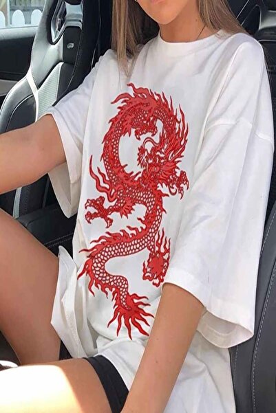 Relax family xf Beli zmaj crveni Štampano Oversize kroj T-shirt
