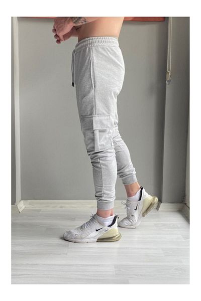 Relax family xf Ανδρικό γκρι Slim Fit Jogger Sweatpants - Cargo Pocket, Χτενισμένο βαμβακερό καλοκαίρι