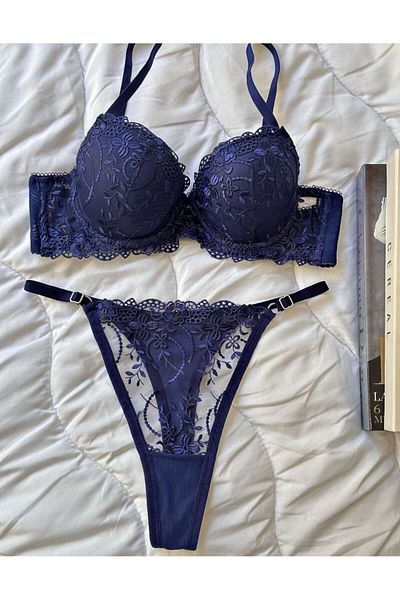 SİLVER MİRROR Set de lenjerie intimă cu model de flori albastru bleumarin