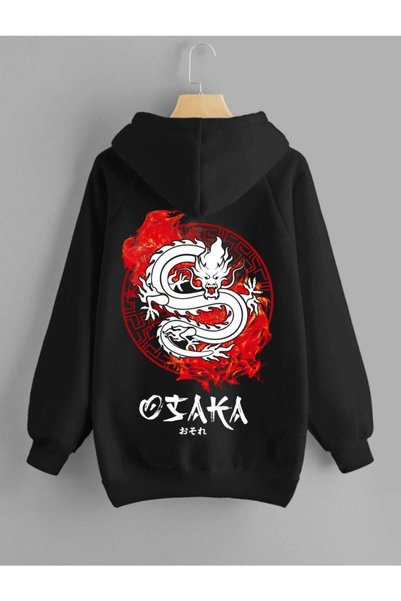 Relax family xf Hanorac negru unisex cu glugă cu imprimeu Osaka