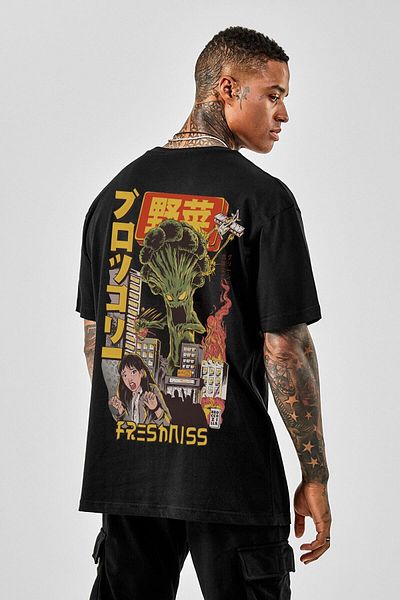 Relax family xf Ανδρικό μπλουζάκι Freshıns Oversize Μαύρο - Εκτύπωση στην πλάτη