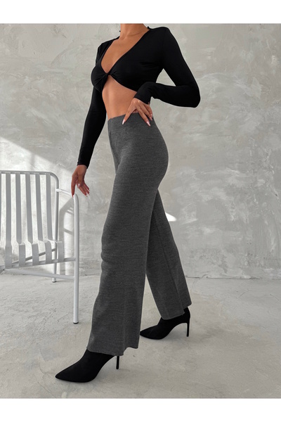 YUSUF CAN KARATAŞ KARATAŞ GİYİM Γυναικείο πλεκτό παντελόνι σε γκρι χρώμα - Ελ...