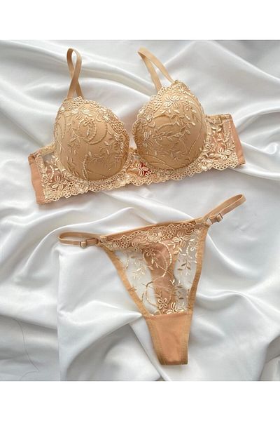 SİLVER MİRROR Set de chiloți sutien cu model de flori de culoare crem