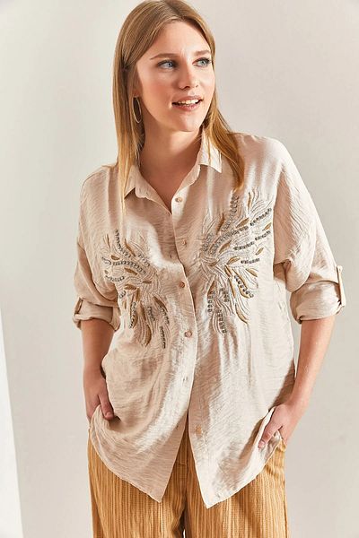 ubmbutik Cămașă de damă - Brodat cu piatră - Cu model - Cămașă Ayrobin din in