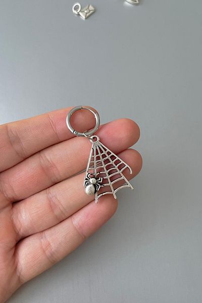 Jaida Moda Unisex Silver Halloween Spider Web Figure Dangle Steel Hoop Earrings