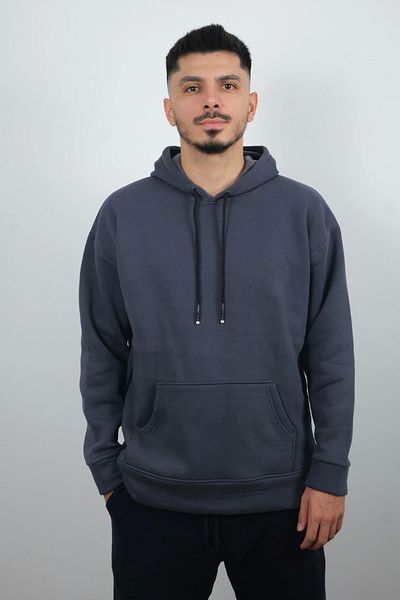 Booss Milano Men's Plain Fleece Sweatshirt with Hood and Front Pocket Anthracite