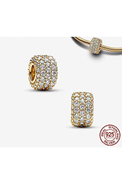 Lines Bijuteri 925 Ayar Gümüş Gold Renk Işıltılı Pavé Üç Sıralı Charm