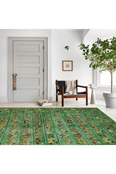 KONUKHOUSE Afgan El Halısı Modeli YEŞİL Dokuma Taban Baskı Salon Halısı