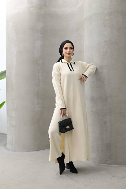 MAY MARA KADIN POLO YAKA YANLARI ŞERİT DETAYLI YIRTMAÇLI 2 Lİ TRİKO TAKIM