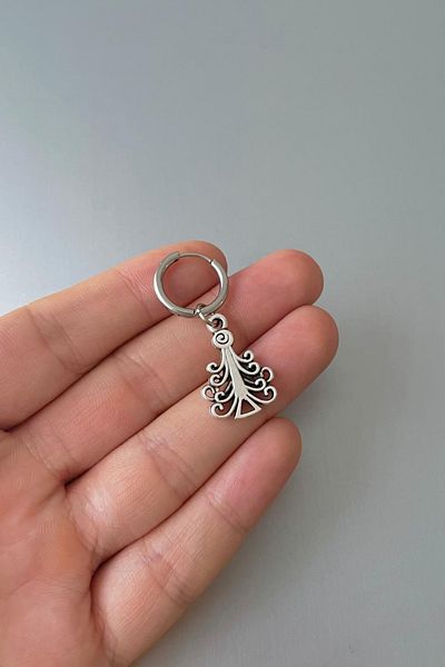 Jaida Moda Unisex Silver Christmas Pine Tree Figure Dangle Steel Hoop Earrings