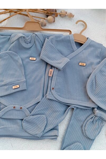 Bilge Trend Erkek Bebek Gri Natural 7 Parça Hastane Çıkışı , Zıbın Seti %100 Pamuk