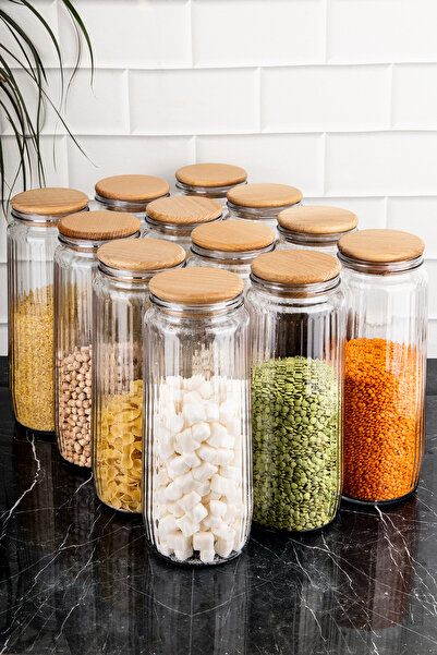 DNS HOME 12-Piece Glass Jar Pulses Set Large Size Food Pulses Set with Vacuum Lid Sticker Gift 1500 ml