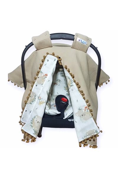 Birmelek Piqued Double Layer Double Sided Pompom Muslin Stroller Cover and Cushion