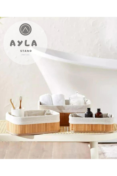 AYLA STAND سلة بامبو طبيعية وأنيقة مكونة من 3 قطع - بيج |   مجموعة منظم