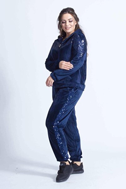 Moda Berray 1927 Lacivert Tam Kalıp Tarz Kapüşonlu Kadife Büyük Beden Eşofman...