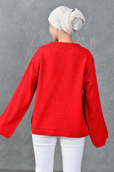 bayansepeti Geniş Kollu Düşük Omuz Bisiklet Yaka Uzun Kollu Kırmızı Oversize Triko Tesettür Kazak 4091