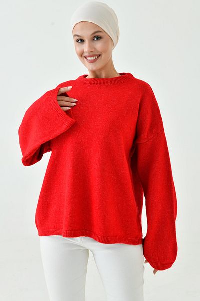WOMAN VISION Women's Off Shoulder Spanish Sleeve Crew Neck Long Sleeve Red Oversize Knitwear Hijab Sweater 4091