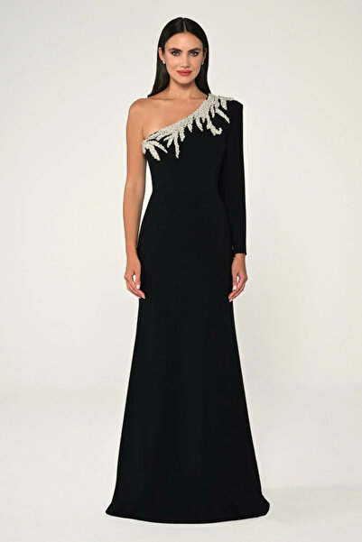 ALFABETA TEK KOL TAŞLI ASİMETRİK YAKA A KESİM UZUN ŞIK ABİYE ELBİSE