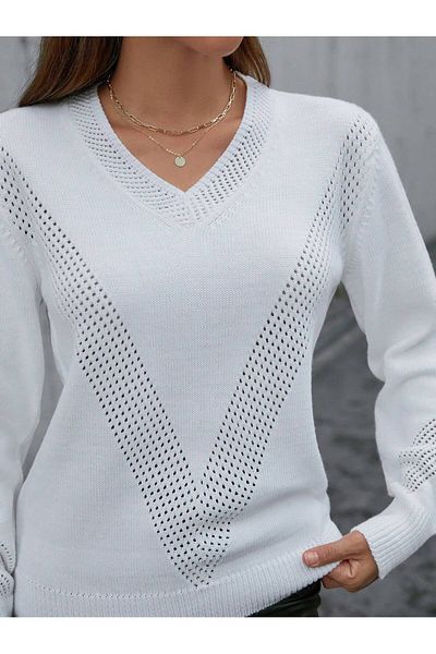 ATEMODAA OPTICALWHITE V pulover cu decolteu în V cu detalii ajurate