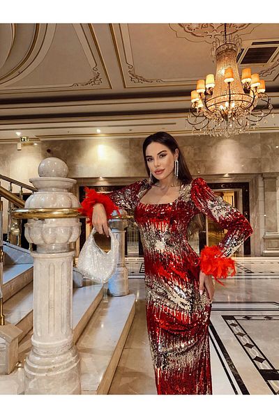 1Moda1Tarz Γυναικείο κόκκινο εισαγόμενο παγιέτες υφασμάτινο μανίκι Otriş Λεπτομέρεια με επένδυση Ειδικού Σχεδιασμού Μάξι Φόρεμα