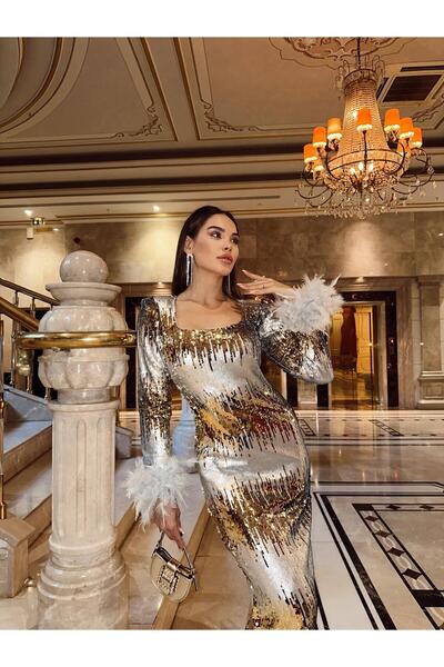 1Moda1Tarz Γυναικείο ασημί εισαγόμενο φόρεμα μάξι με παγιέτες και λεπτομέρειε...