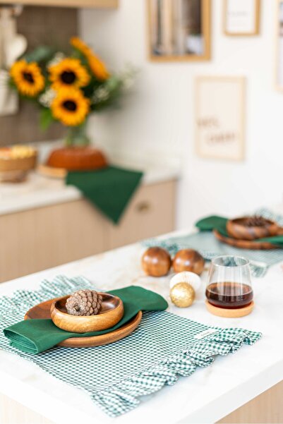 KaiHome 2Li %100 Dak Keten Fırfır Detaylı Amerikan Servis/ Supla YEŞİL KARELİ