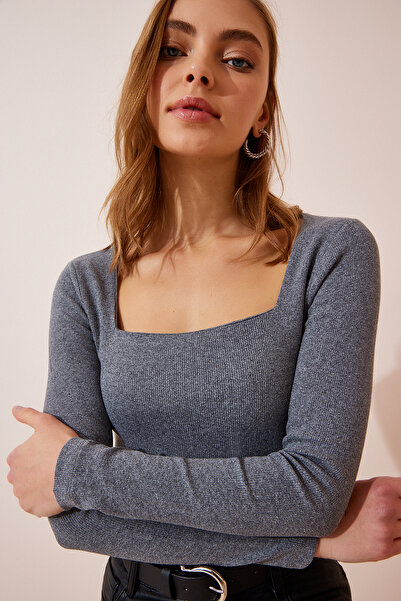 Lovelyİstanbul Πλεκτή μπλούζα με τετράγωνη λαιμόκοψη ΓΚΡΙ LGT0010