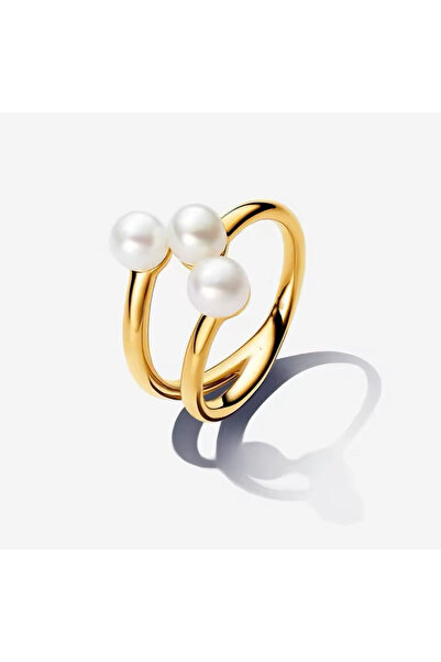 POSEİDONS JEWELLERY Gold Renk Gümüş İşlenmiş Tatlı Su Kültür İncisi Açık Yüzük