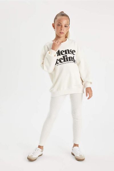 DeFacto 2-Piece Set for Girls - Crew Neck Printed Sweatshirt and Long Plain Leggings A6808A824Au
