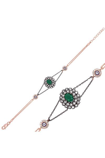 Skygo Silver Rose Matte Green Stone Authentic Bracelet