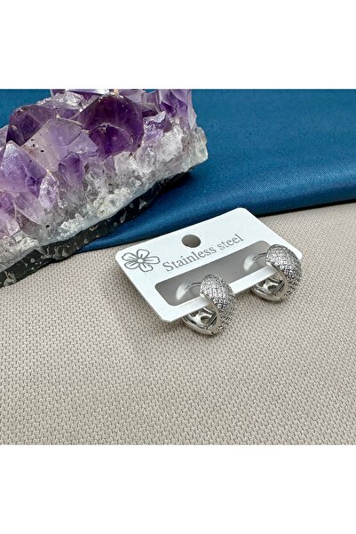 Opia Takı & Aksesuar Kadın Çelik Zirkon Taşlı Klasik Halka Küpe