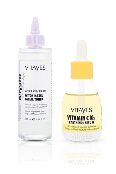 VITAYES Vitamin C Panthenol - Face Tone Equalizing Serum and Anti-Acne Witch Hazel Facial Tonic