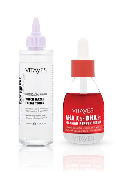 VITAYES Aha 10% Bha 2% Red Peeling Skin Serum and Witch Hazel Glycolic Acid Facial Tonic Skin Care Set