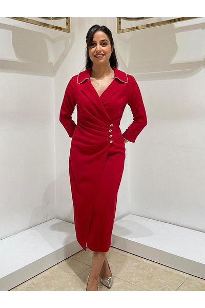 Moda İlgi Three Quarter Sleeve Midi Red Dress - 06630 Fashionable