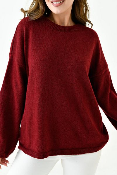 bayansepeti Off-Shoulder-Strickpullover für Damen mit spanischen Ärmeln, Rundhalsausschnitt und langen Ärmeln in Burgunderrot 4091