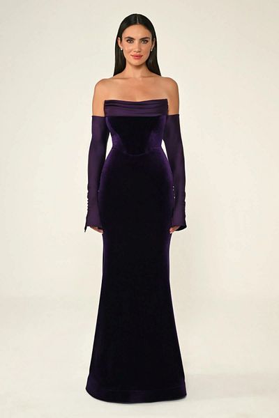 ALFABETA Velvet Straplez Degaje Collar Gloves Detailed Stylish Evening Dress