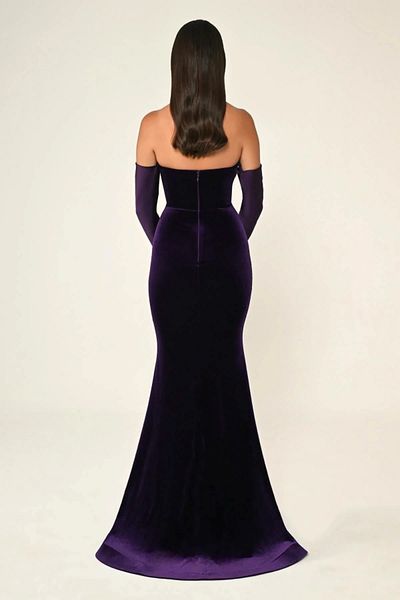 ALFABETA Velvet Straplez Degaje Collar Gloves Detailed Stylish Evening Dress