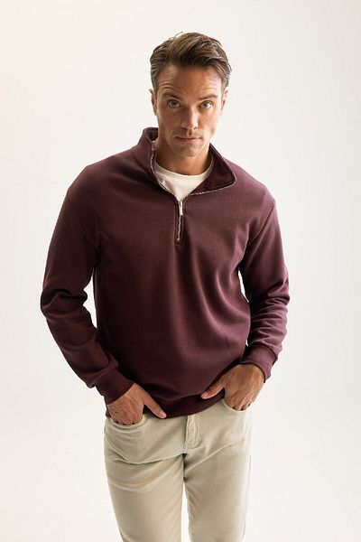 DeFacto Herren-Sweatshirt in Burgunderrot, 3-fädig, Baumwolle, gerippt, mit Fleece innen, reguläre Passform, Stehkragen, Reißverschluss, dick