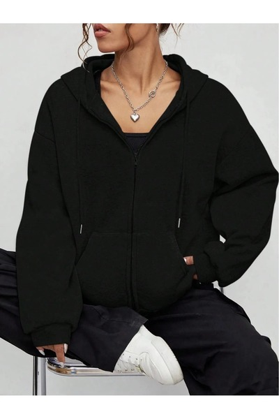 PAVRO 2-Piece Unprinted Zippered Cardigan Sweatshirt - Black Gray Oversize Winter Thick Hood